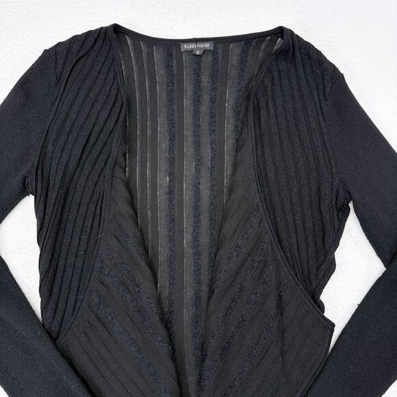 Eileen Fisher Cardigan Sweater Size Medium Black Wool Mohair Mature Open Front - Picture 3 of 8